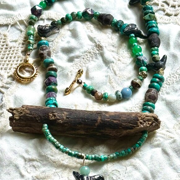Bohemian OOAK Turquoise, Wood, Ceramic, Aventurine Statement Necklace - Picture 3 of 11